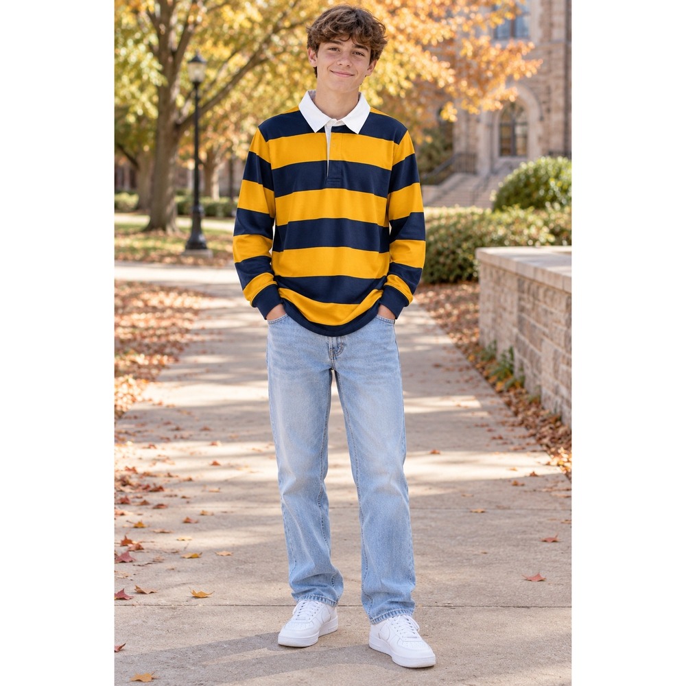 Crewcuts Boys Rugby Shirt Navy Blue Gold Yellow Striped Long Sleeve XXL 15-16
